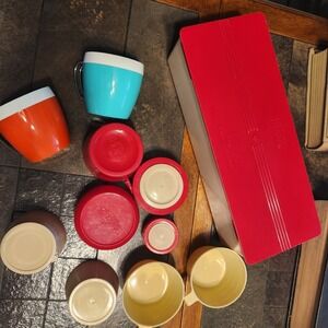 Vtg Thermos Camp Lot Bread Storage Box Lid Thermos Lids Cups NFC Insulated Cups